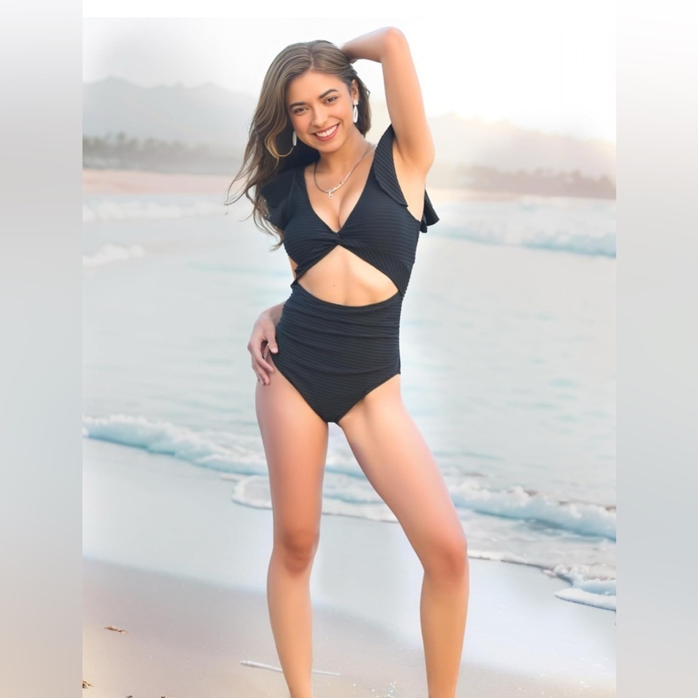 New - 2025 Tummy Control Modest Bathing Suit Slimming Cutout Ruffle VNeck Ribbed